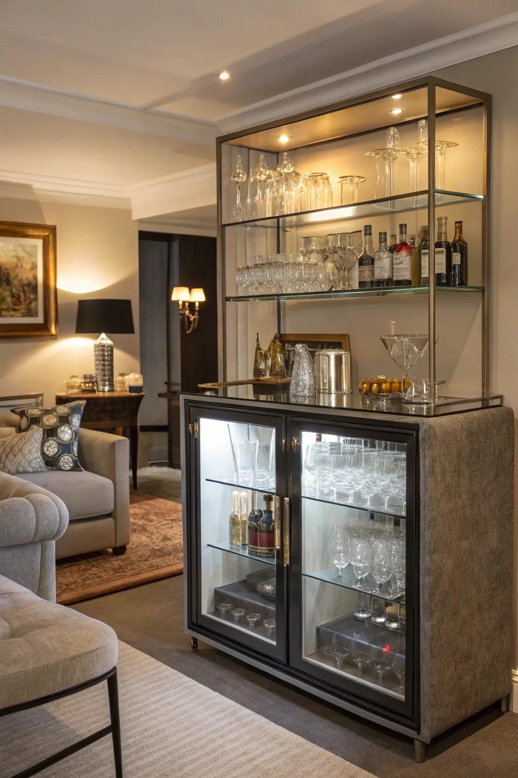A small bar appends a nuance of elegance to the den.