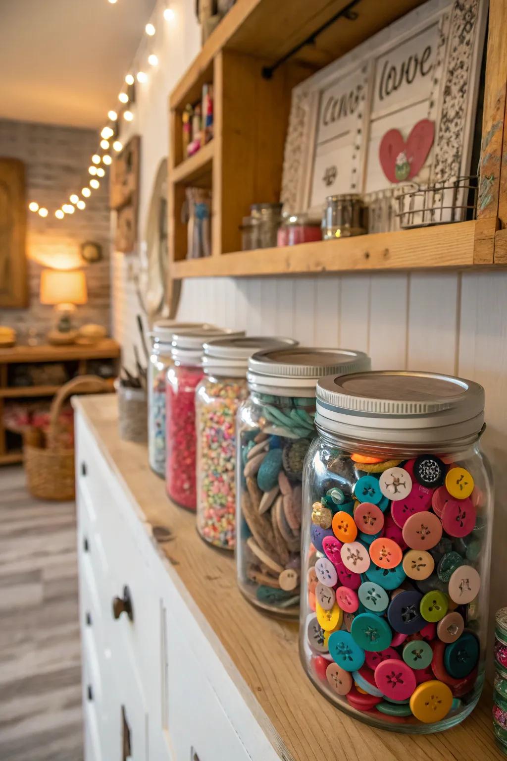 Use glass preserving jars filled with antique buttons to add color and charm.