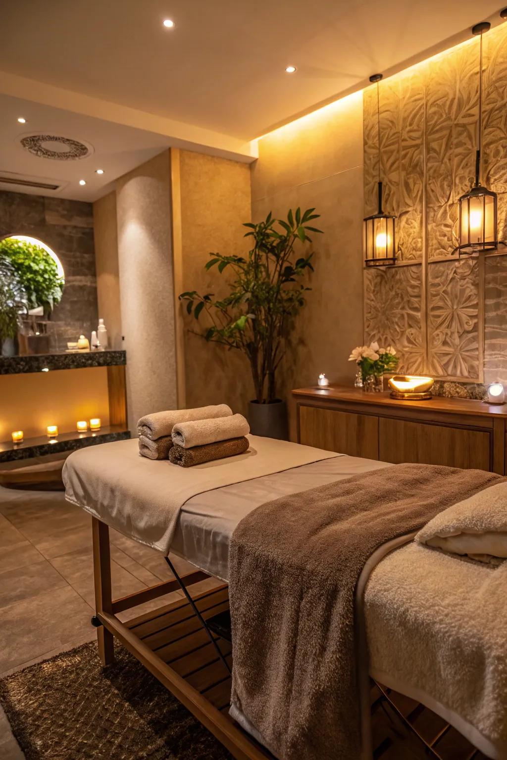A massage room presenting heated elements for increased comfort.