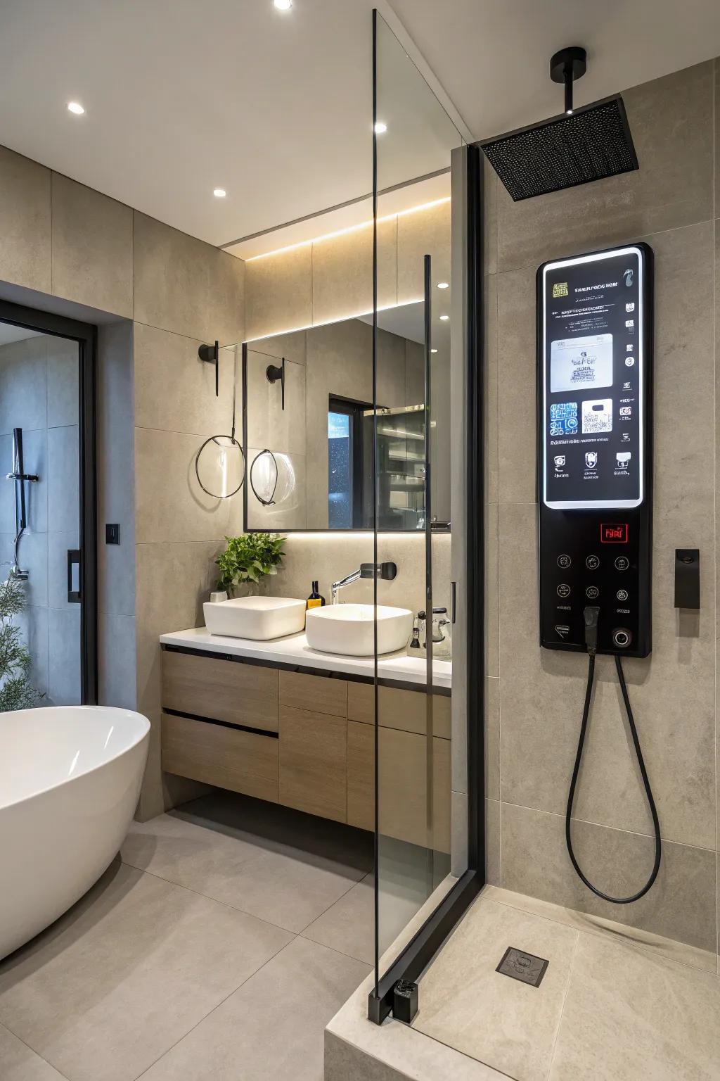 Modern bathroom featuring integrated technology for enhanced convenience.
