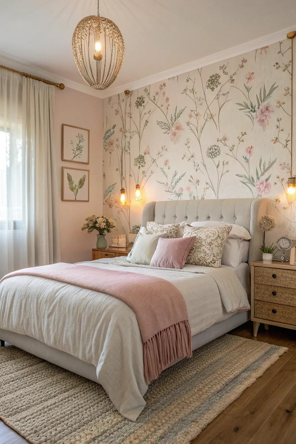 Pastel background wallpaper creates a calming ambiance in a bedroom.
