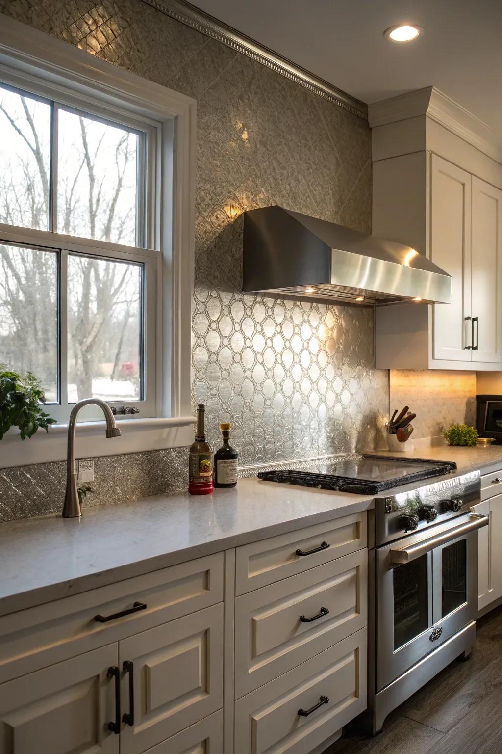A kitchen showcasing a matte metal finish backsplash.