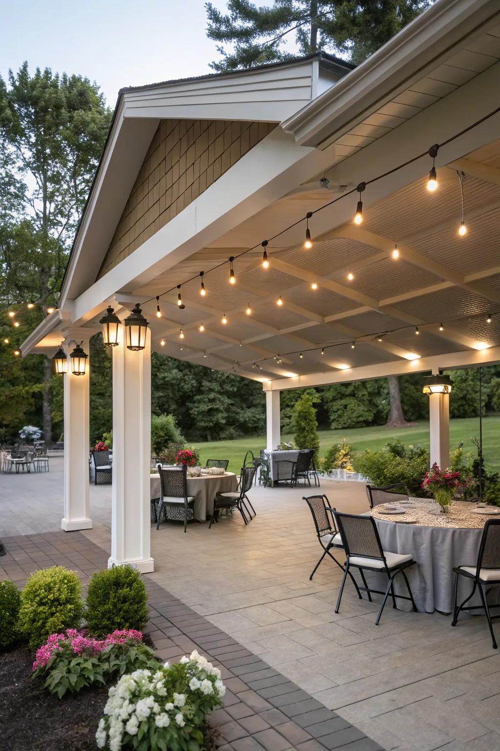 A multi-use carport delivers a functional space for both vehicles and social gatherings.