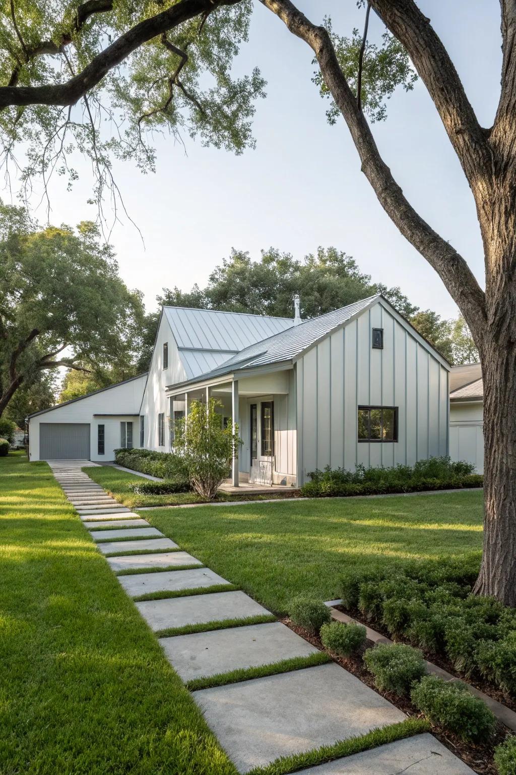 A tranquil neighborhood home with minimalist smooth metal wall cladding for a serene look.