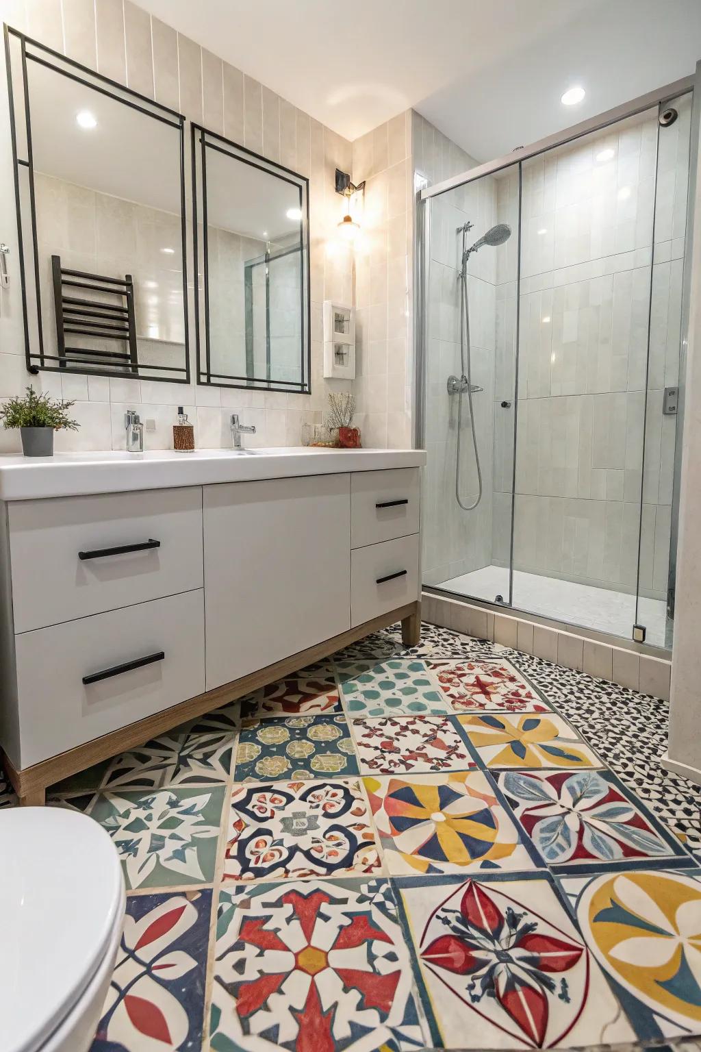 Patterned ceramics creating a bold floor impression.