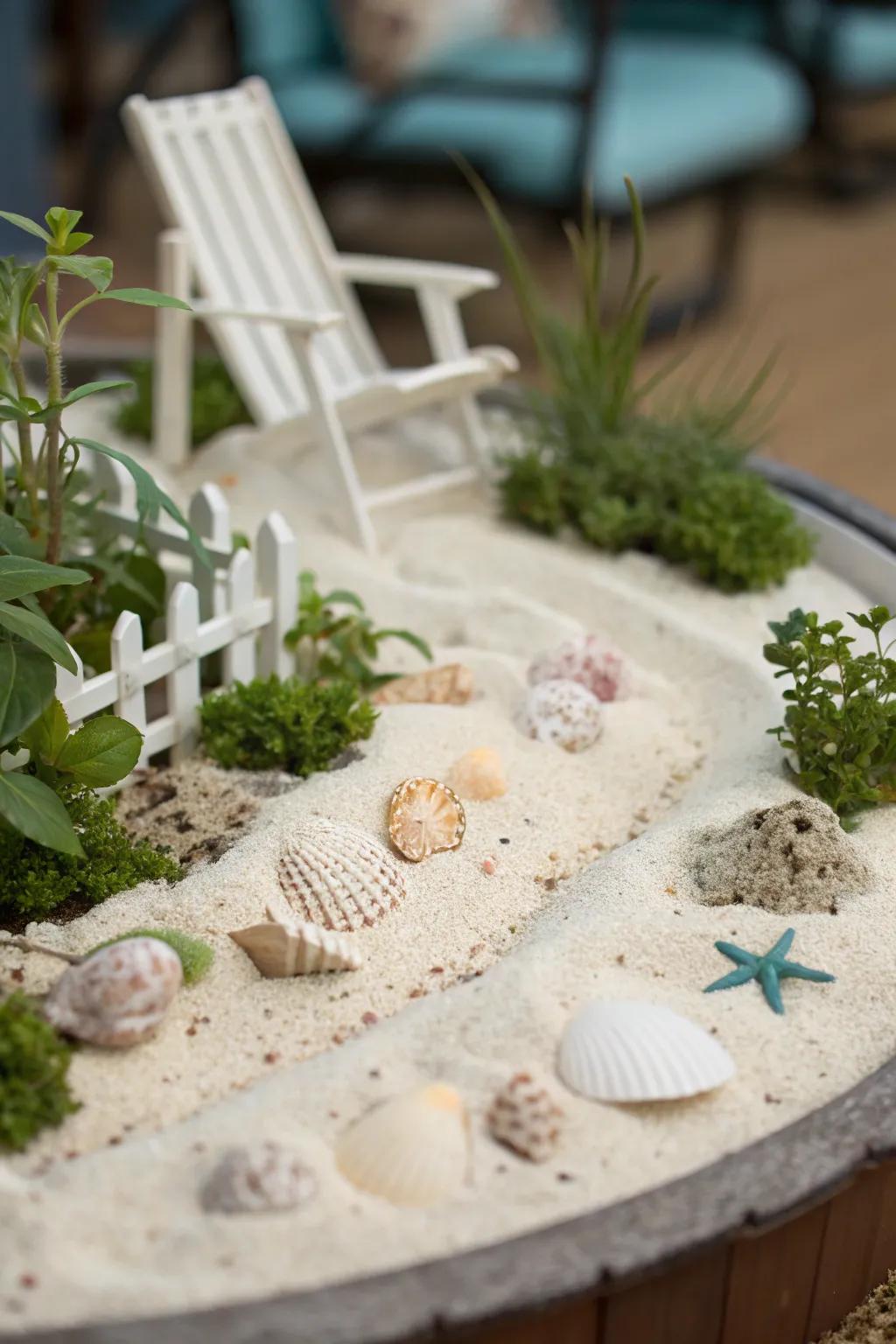 A themed mini garden with a beach scene, complete with sand and shells.