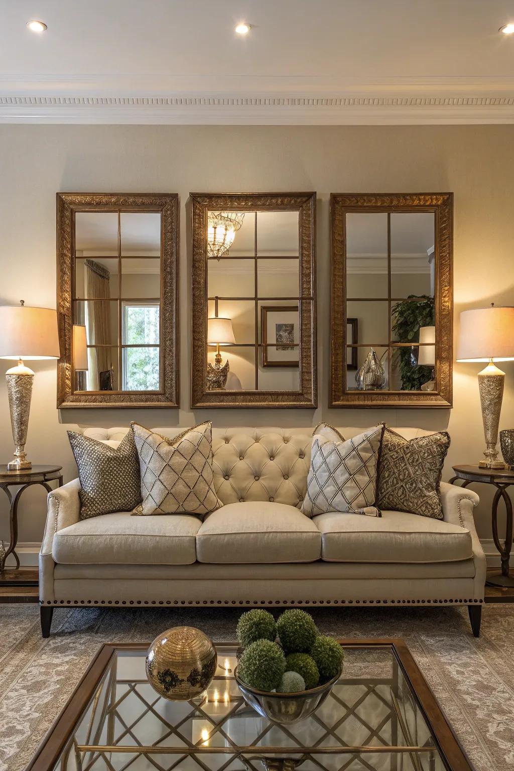 Paired mirrors create a harmonious and balanced appearance.