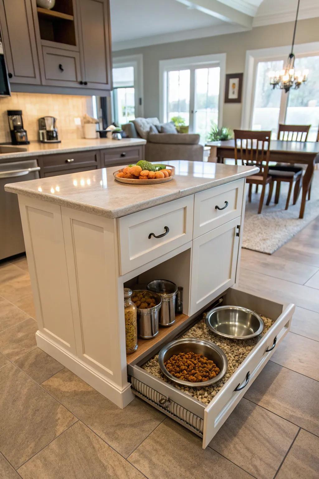 Inventive design incorporating a pet-friendly kitchen island.