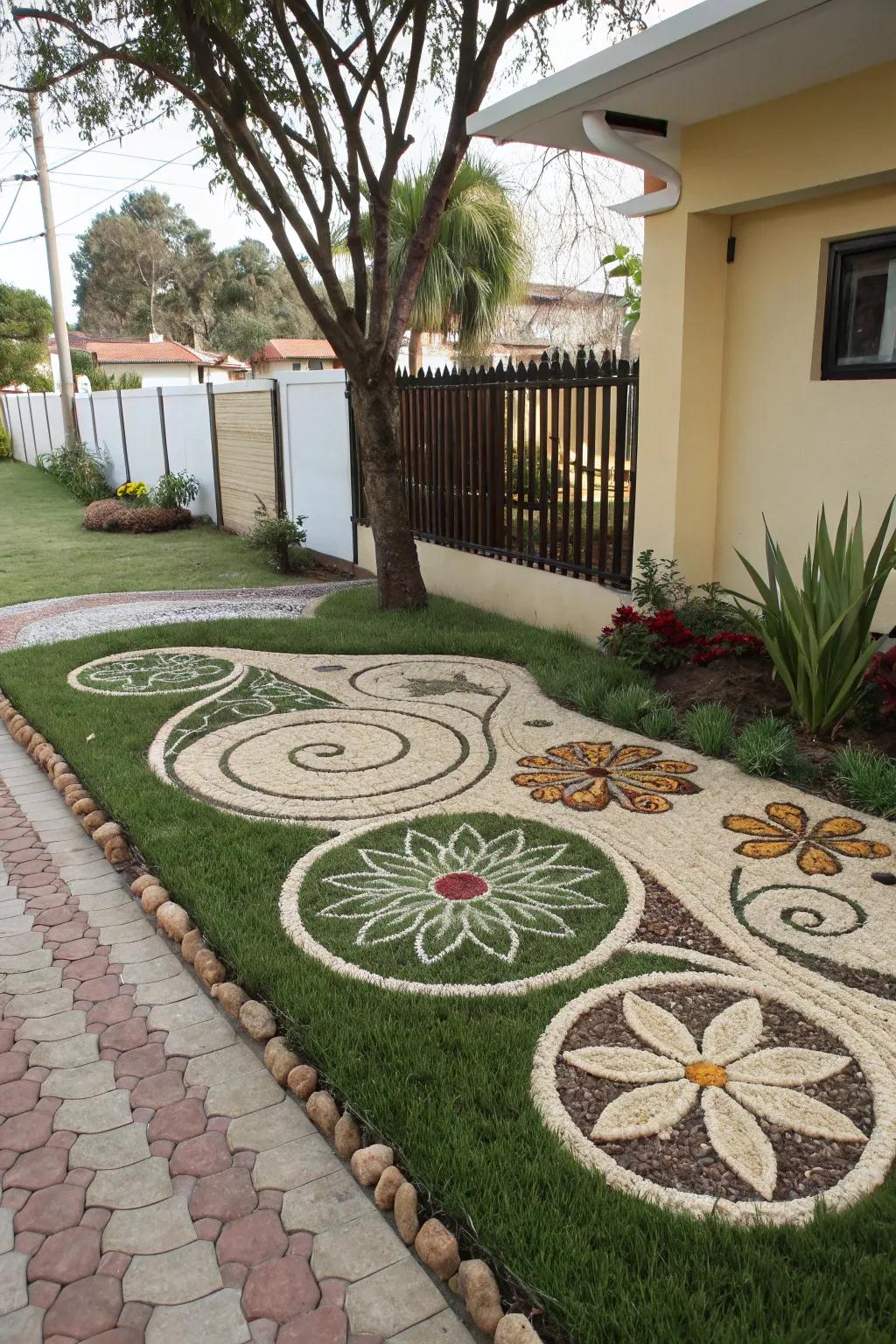 Mosaic patterns bring an artistic flair to the artificial grass landscape.