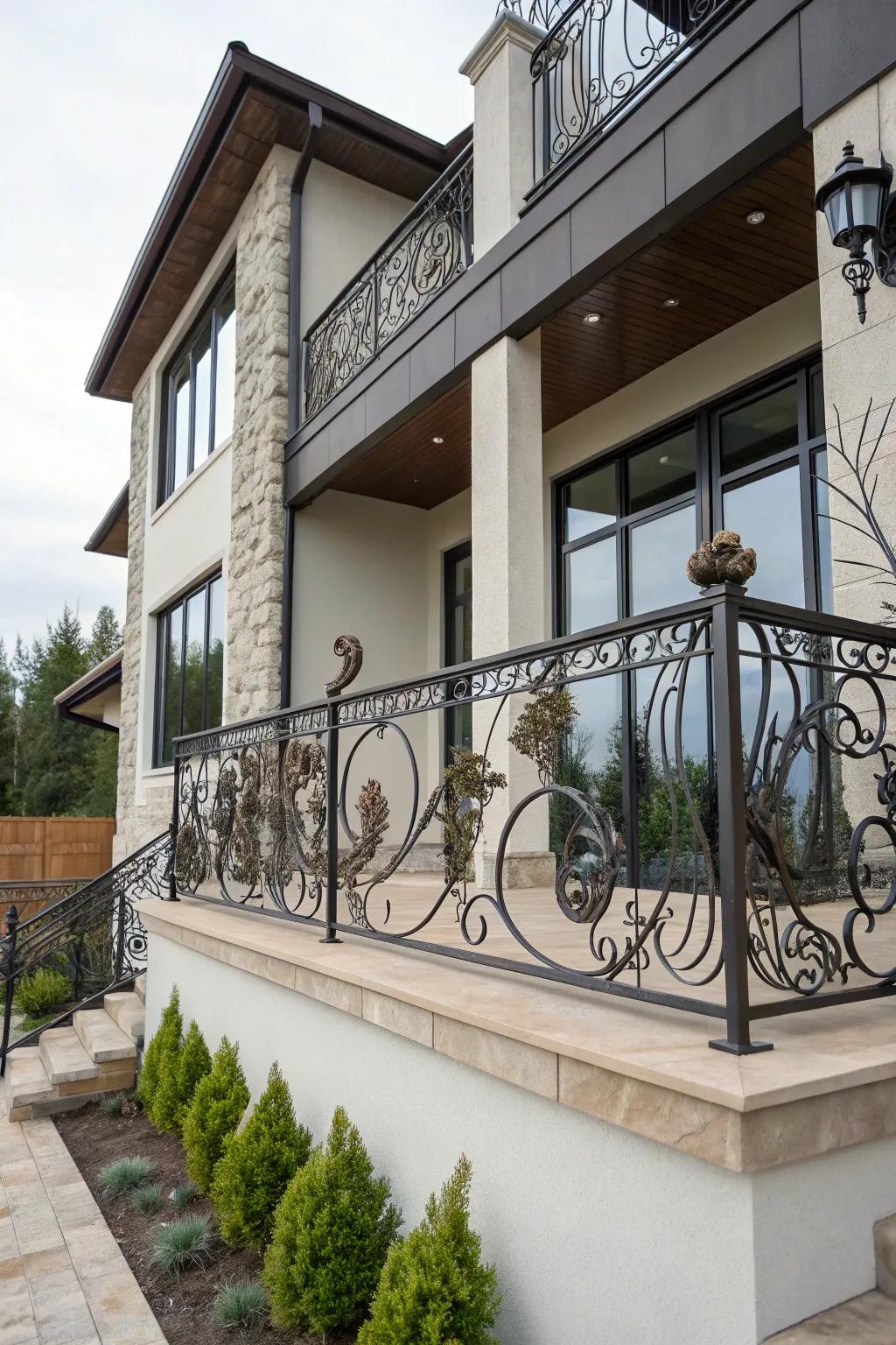 Balcony railing made of artistic iron sculptures with a modern home exterior