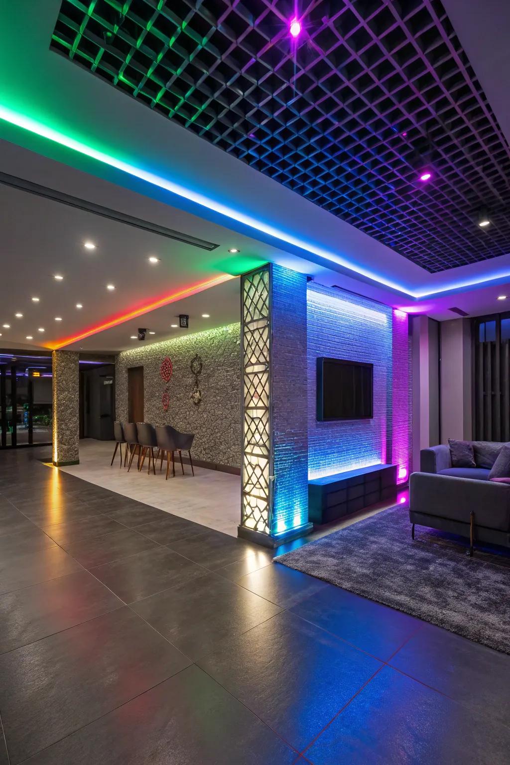 Hue shifting LED lights set the mood with lively and dynamic lighting.