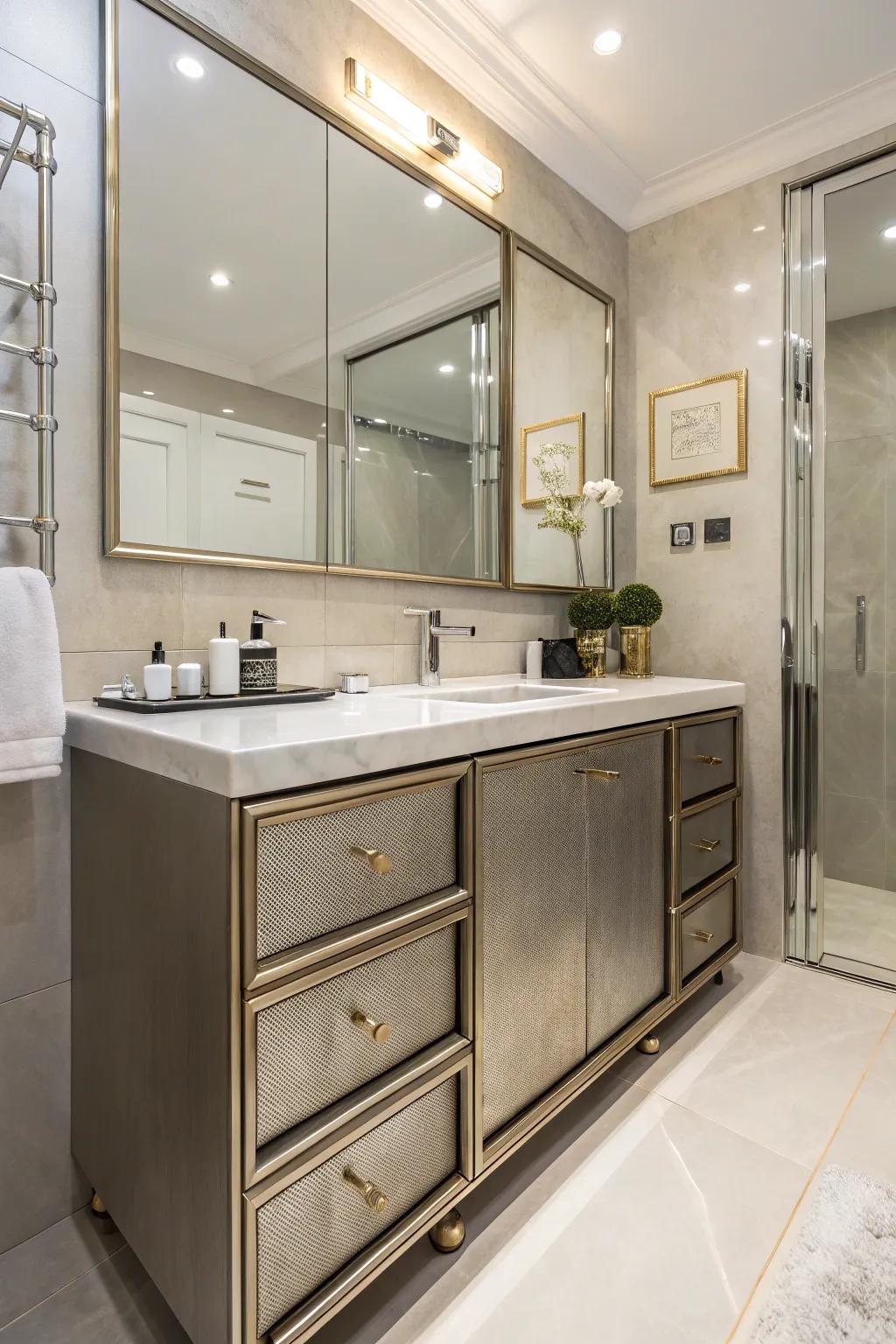 Metallic accents introduce sophistication to contemporary restroom storage units.