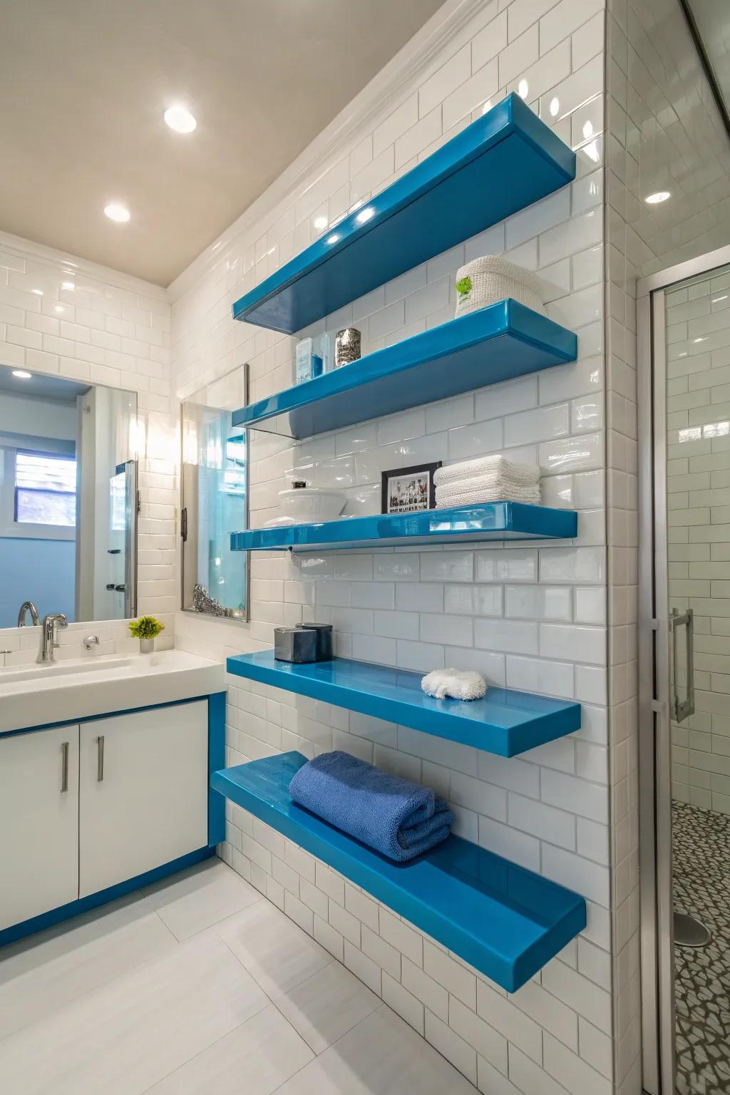 Vibrant azure drifting shelves inject style and practicality into this posh bathroom.