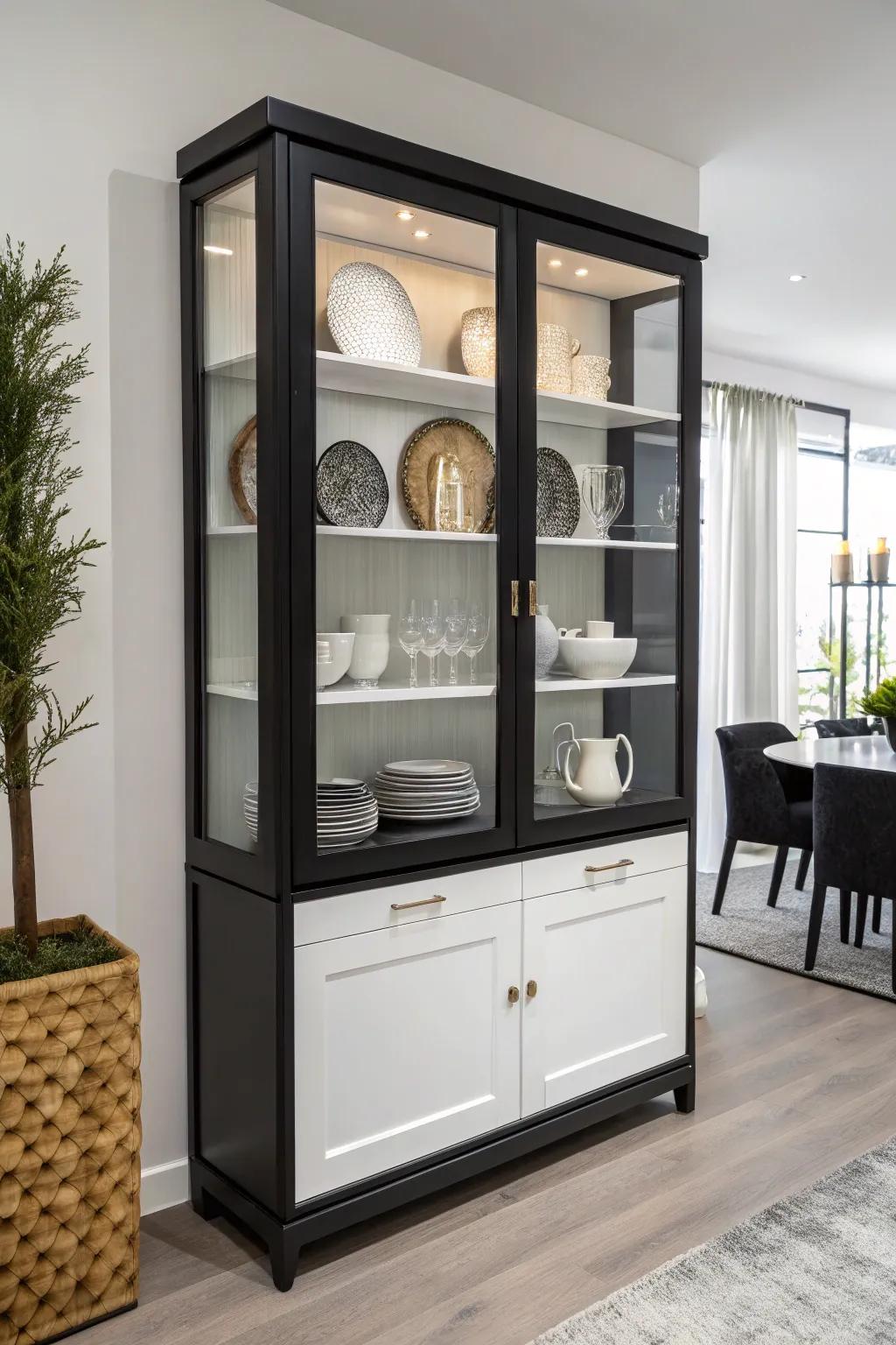 Monochrome elegance in a modern china cabinet.