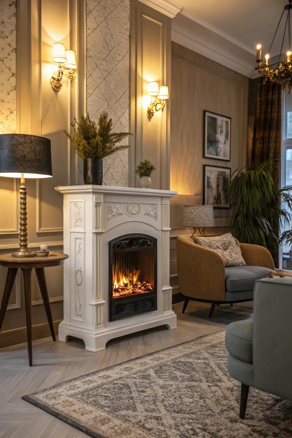 A modern living room features a vintage-inspired electric fireplace for a touch of nostalgia.