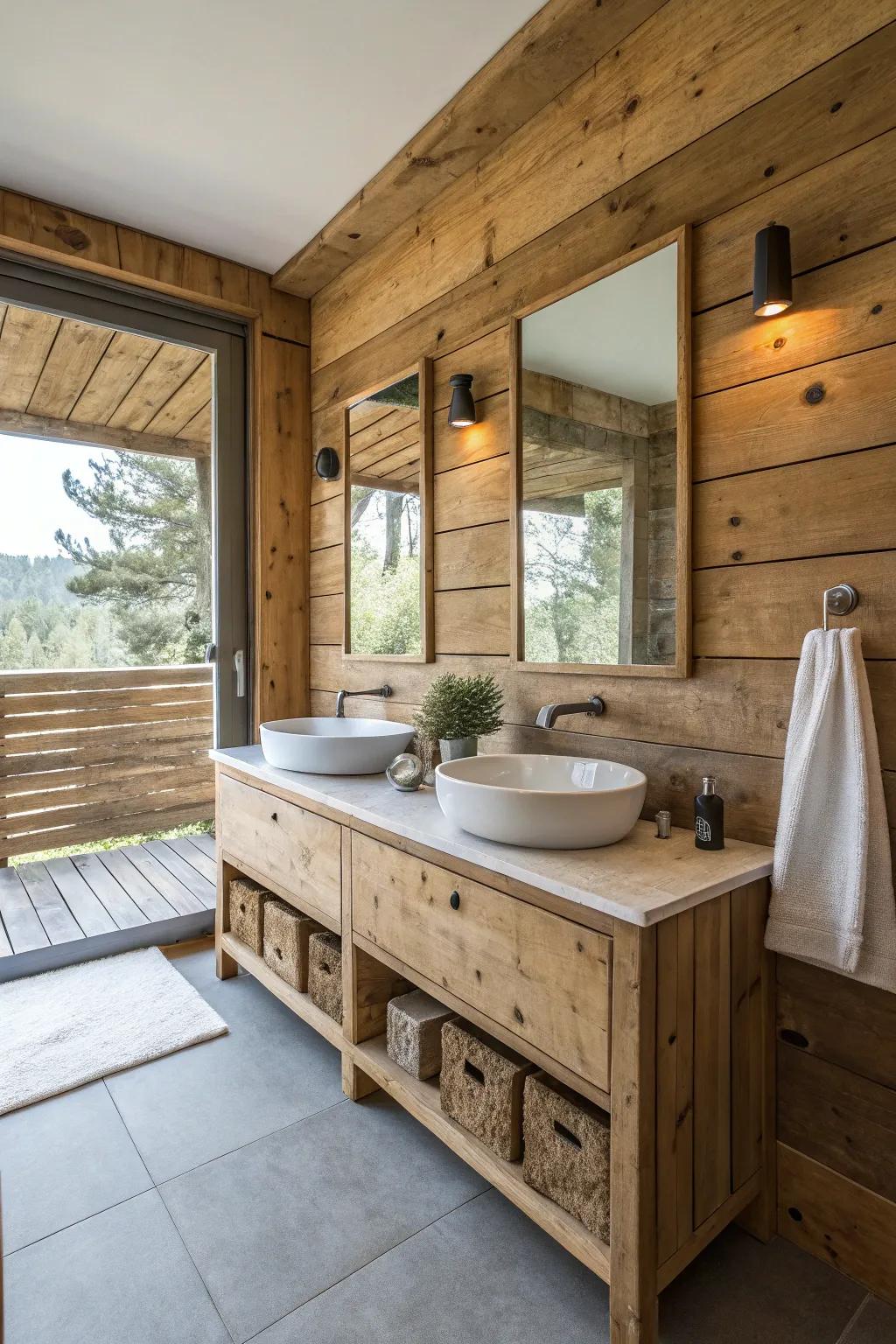 Reclaimed materials fill the bathroom with character and eco-friendliness.