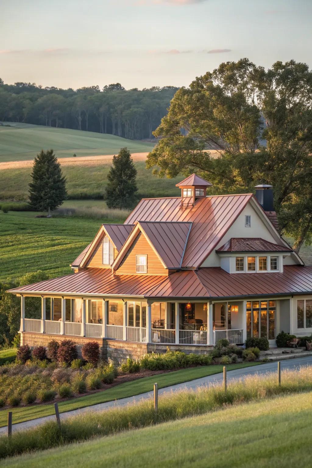 Lavish warmth: A farmhouse showcasing sienna highlights on a metal roof.