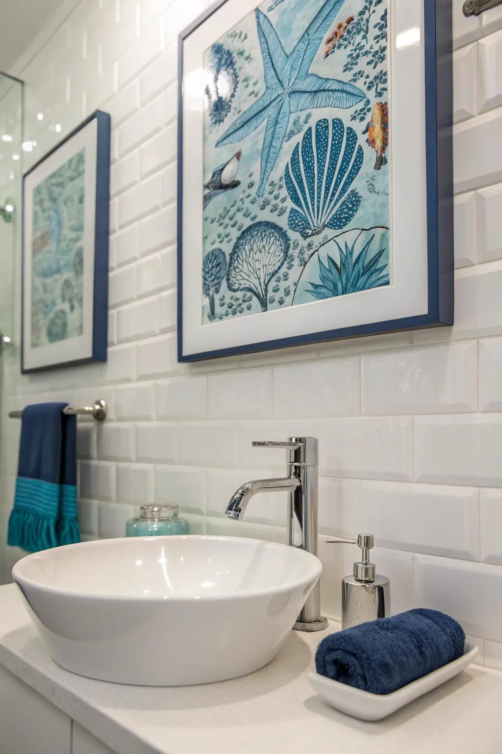 A pop of blue color in artwork in a powder room.