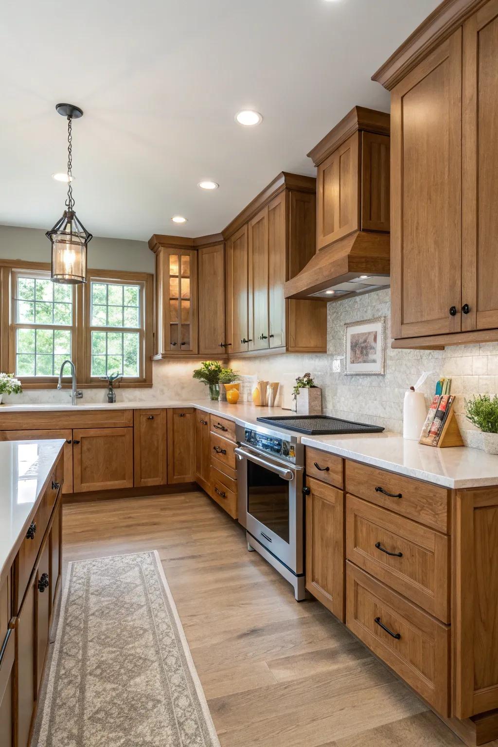 Symmetry in design cultivates balance and harmony in oak cabinet kitchens.