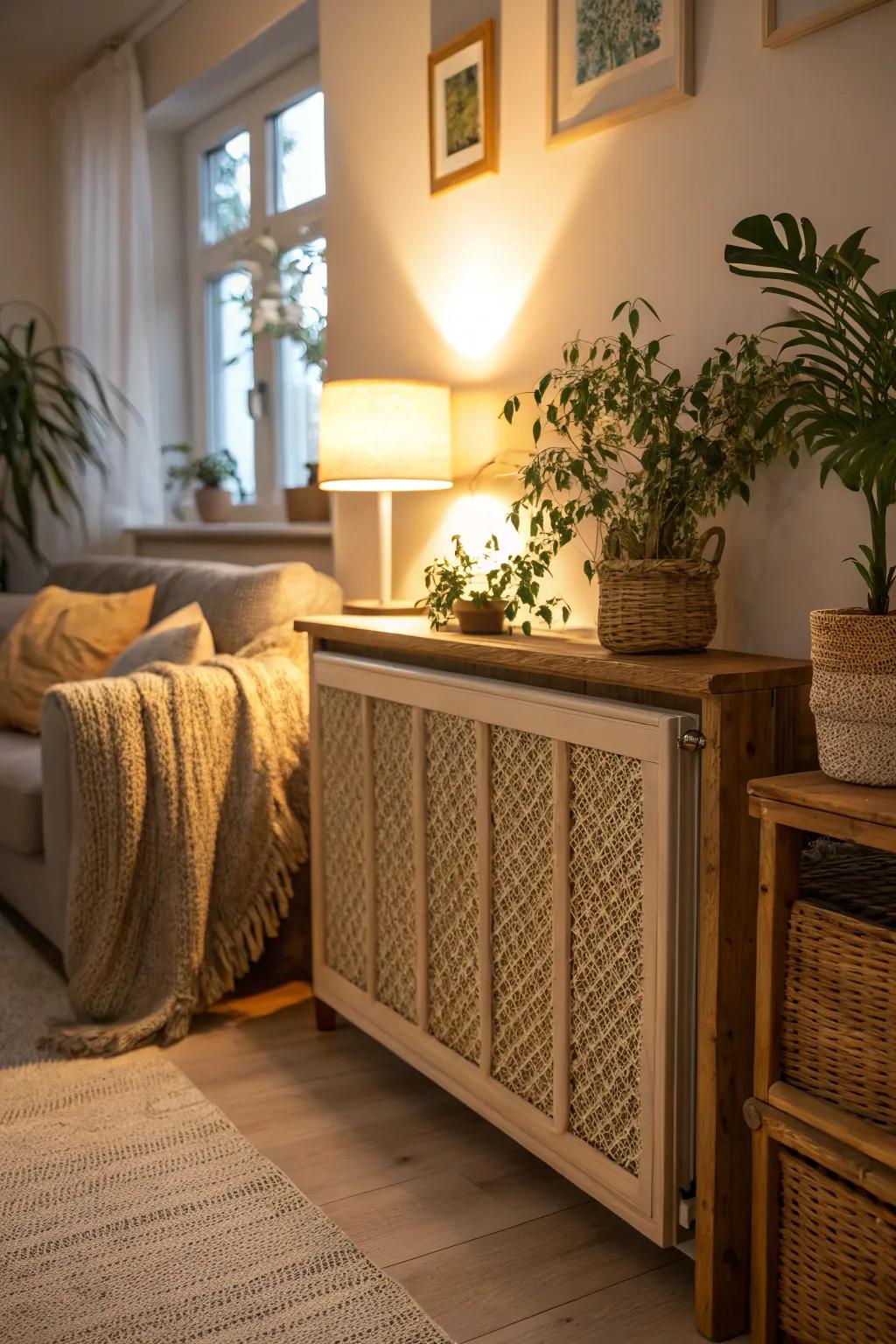 A radiator shield that has welcoming woven textures.