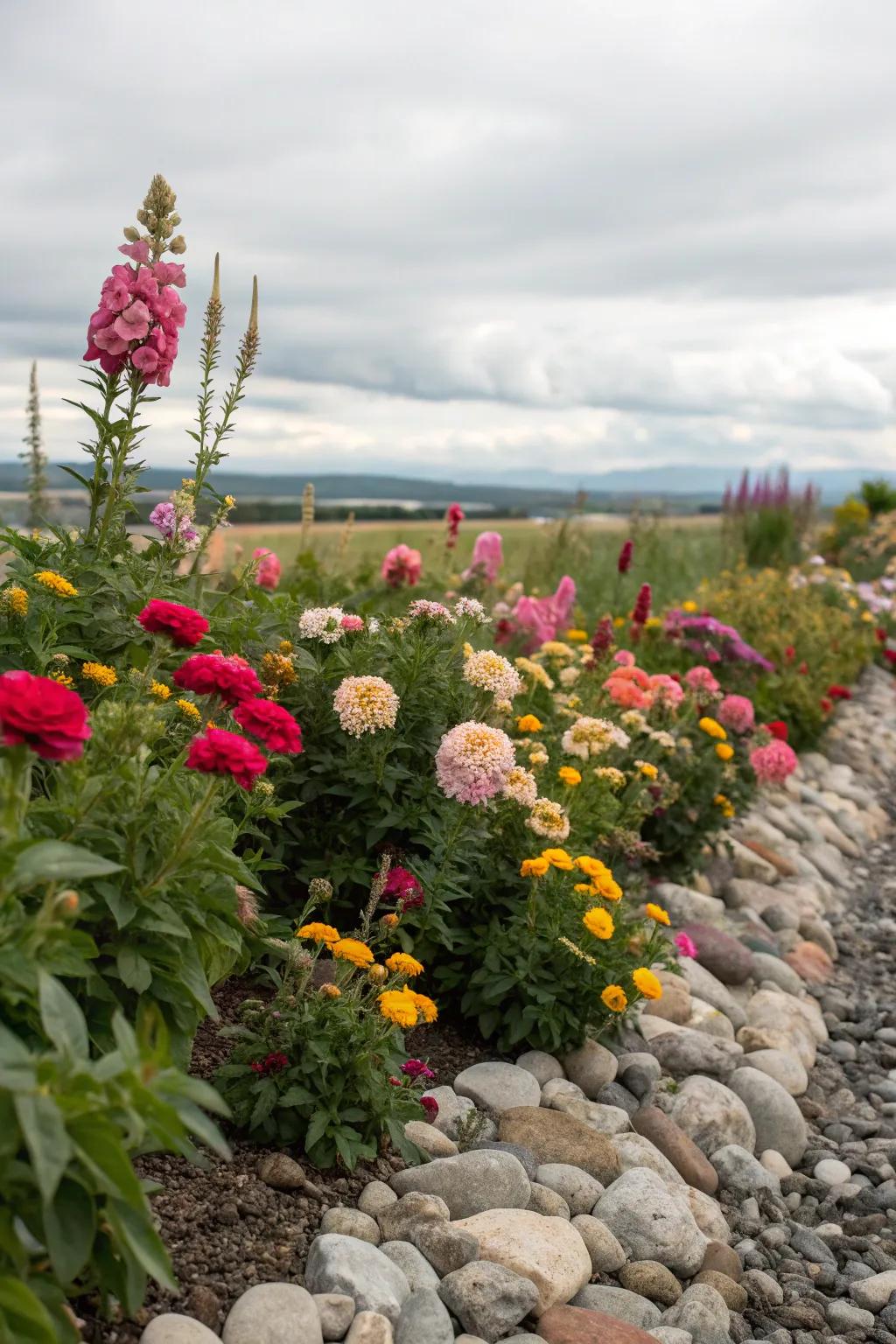 Rock boundaries deliver demarcation and contrast to colorful blossom plots.