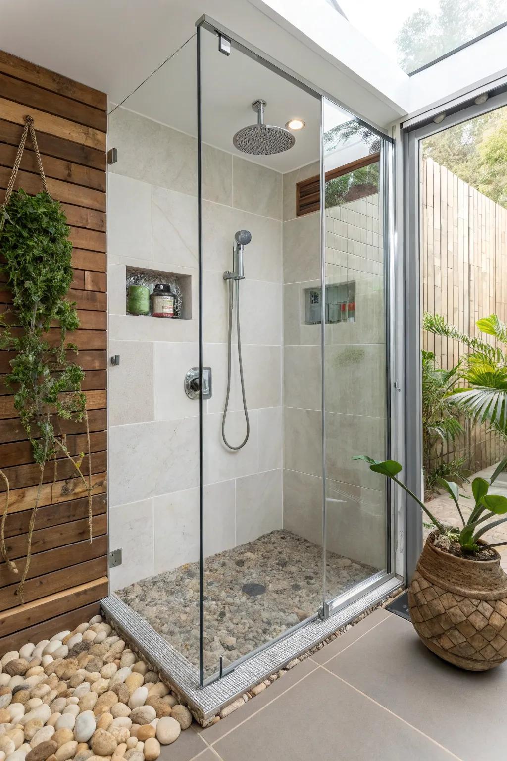 An eco-friendly shower enhanced with sustainable materials and water-conserving fixtures.