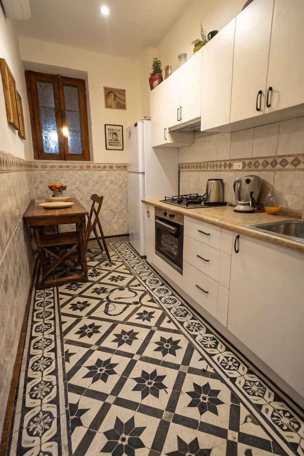Art Deco inspired tiles adding vintage glamour to a small kitchen
