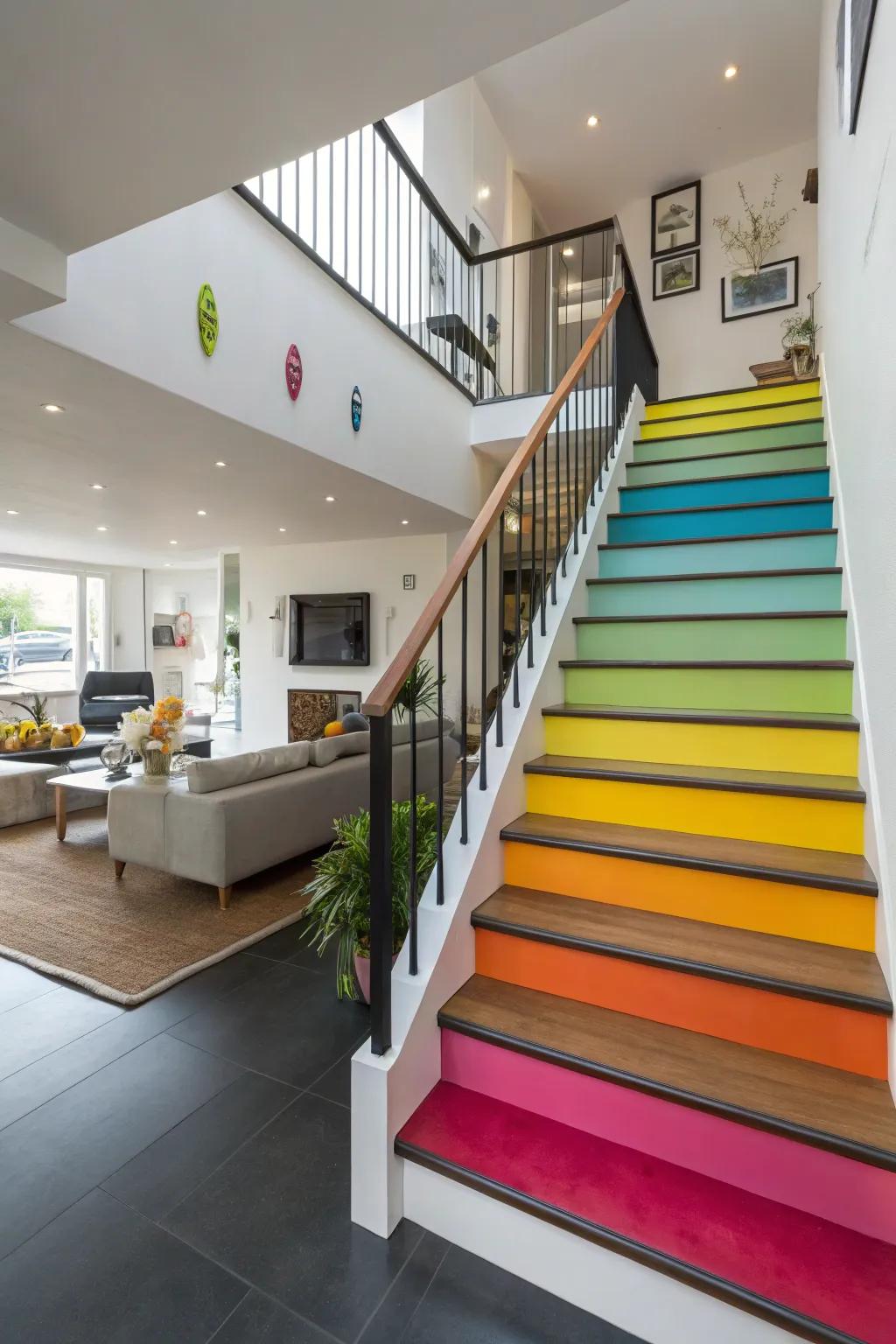 Daring shades transform staircases into vibrant focal elements.