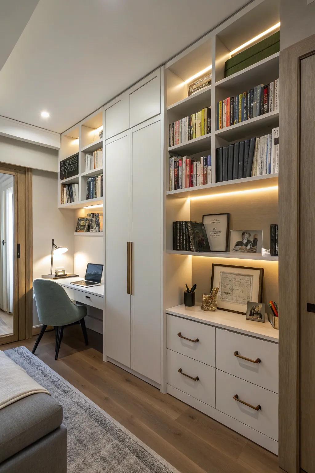 An organized study area featuring clever storage solutions.