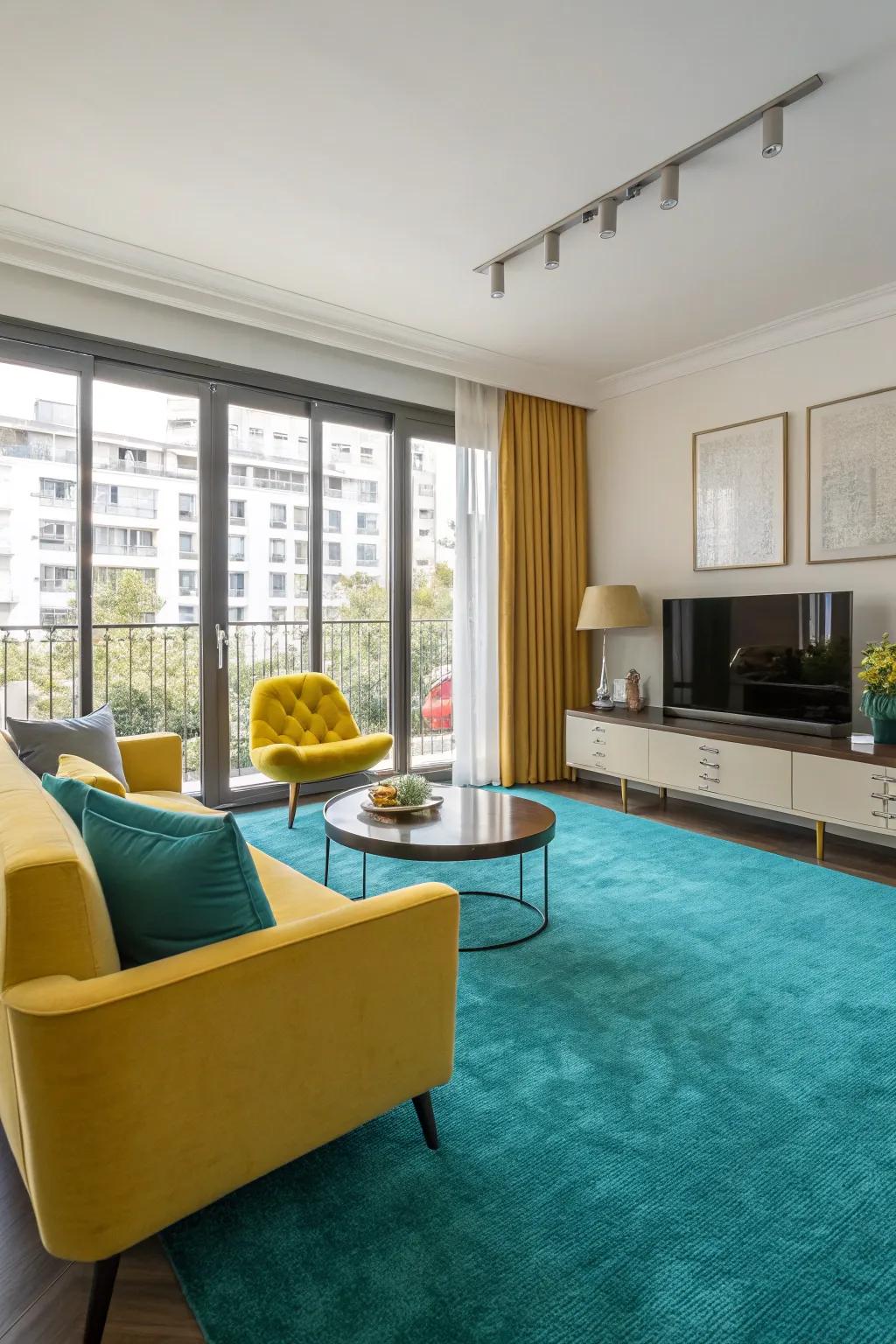 Seafoam floor covering anchors the room with bold style.