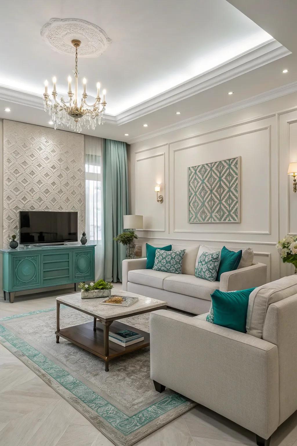 Minimalist teal accents add elegance and flair to a modern living room.
