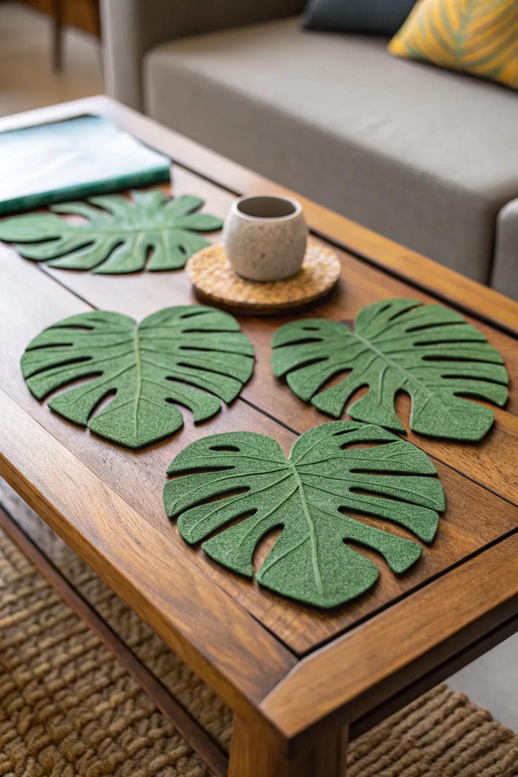 Unique coasters crafted from split-leaf philodendron fronds.