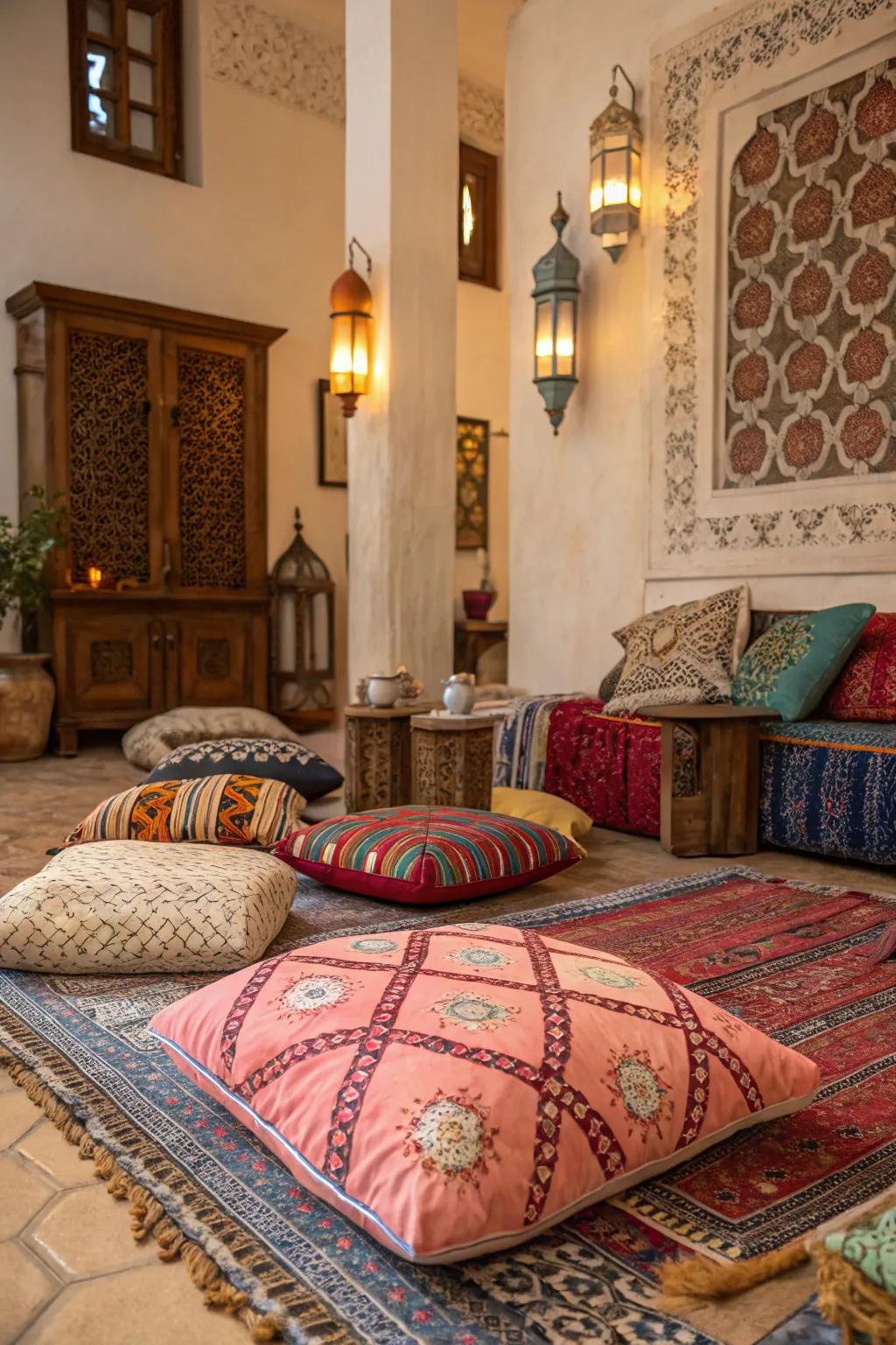 Floor seating encourages relaxation and adds a cozy vibe.