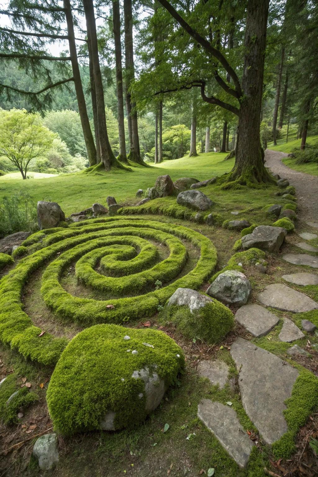 A mesmerizing moss stone helix introducing flair to the garden.