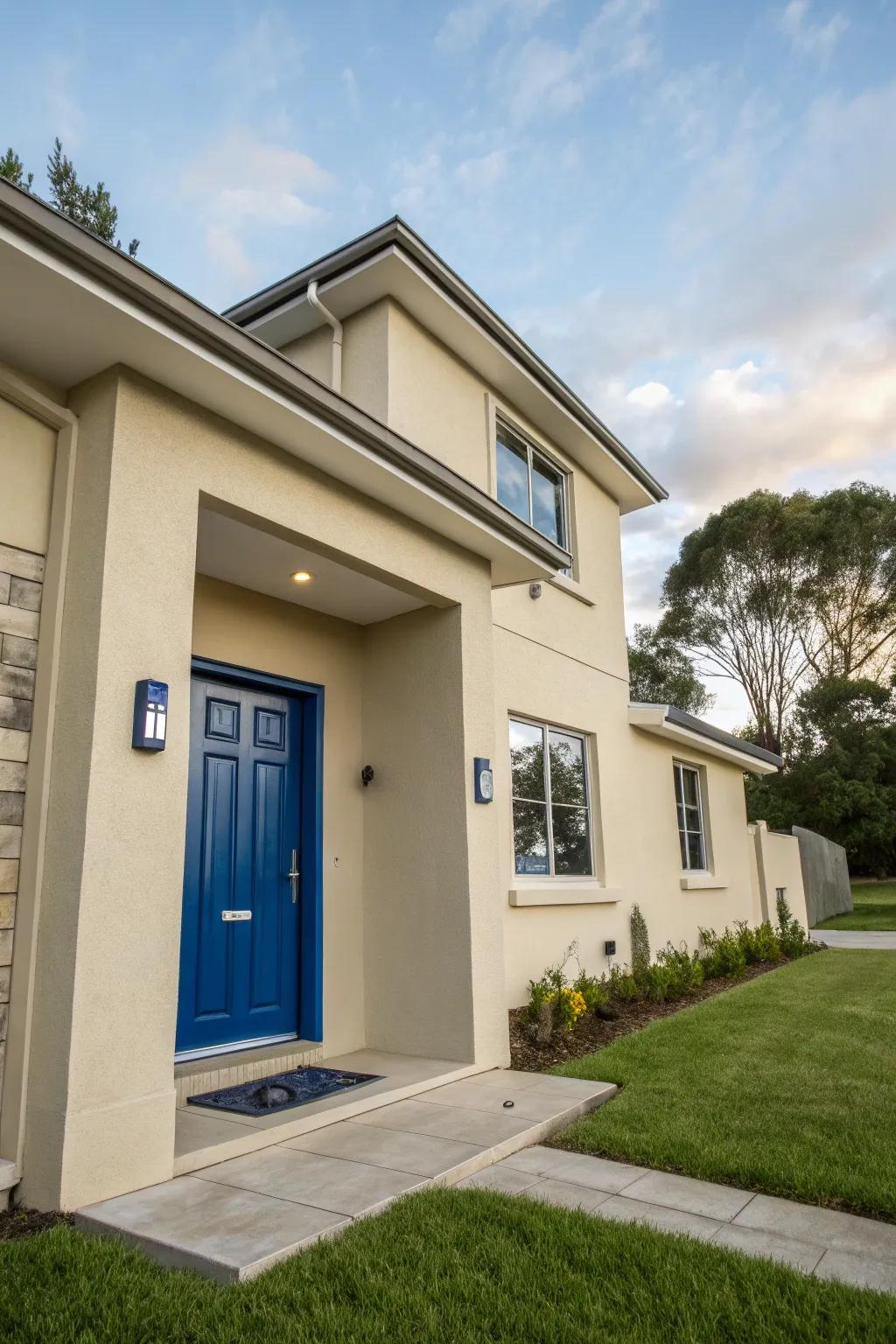 Sapphire front door crafts a bold declaration against a beige house.