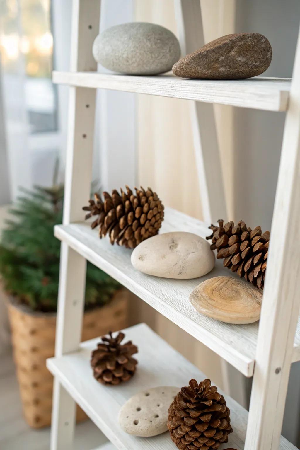 Clean and uncluttered shelving featuring natural decor elements.