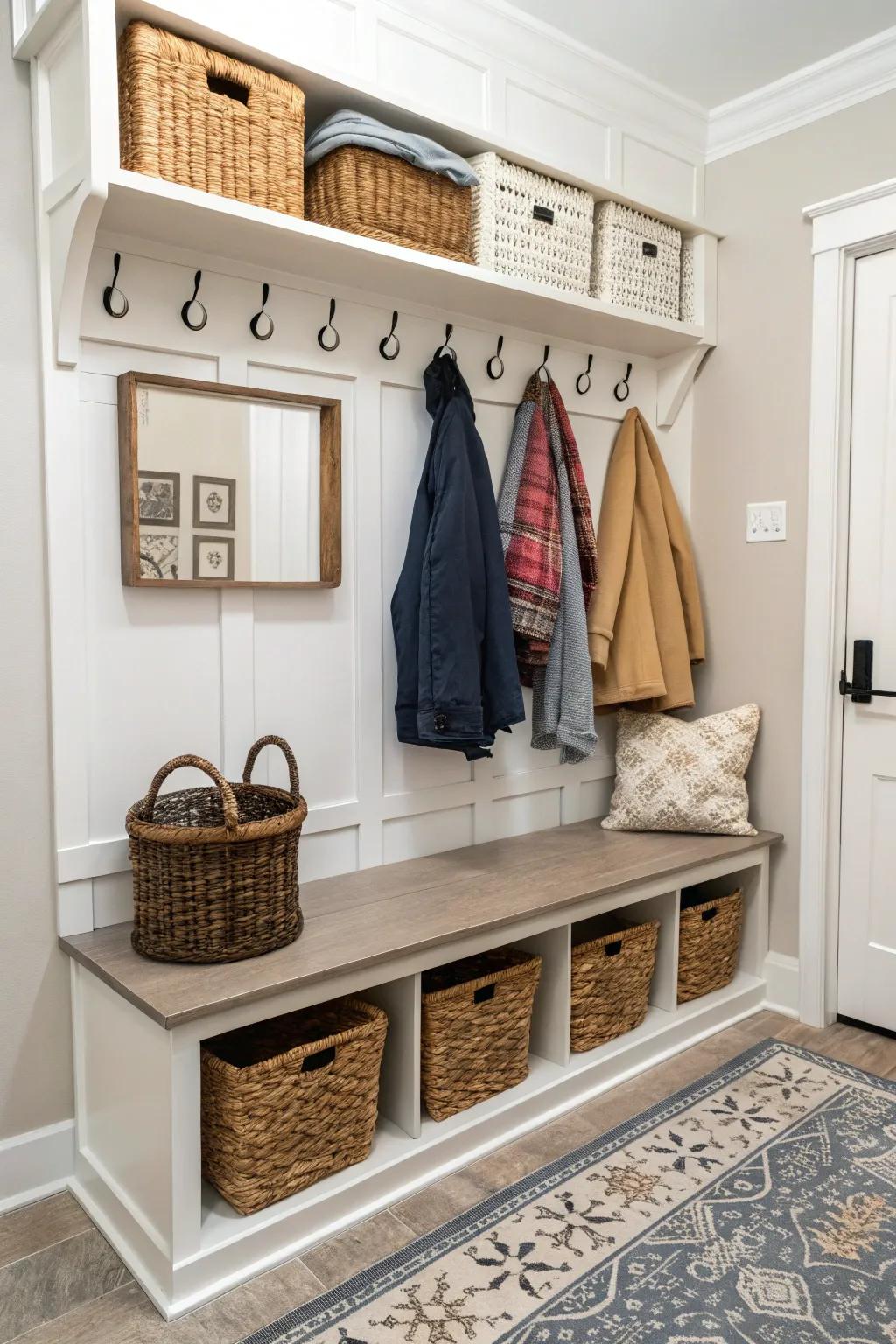 A harmonious mudroom seating designed with balance.