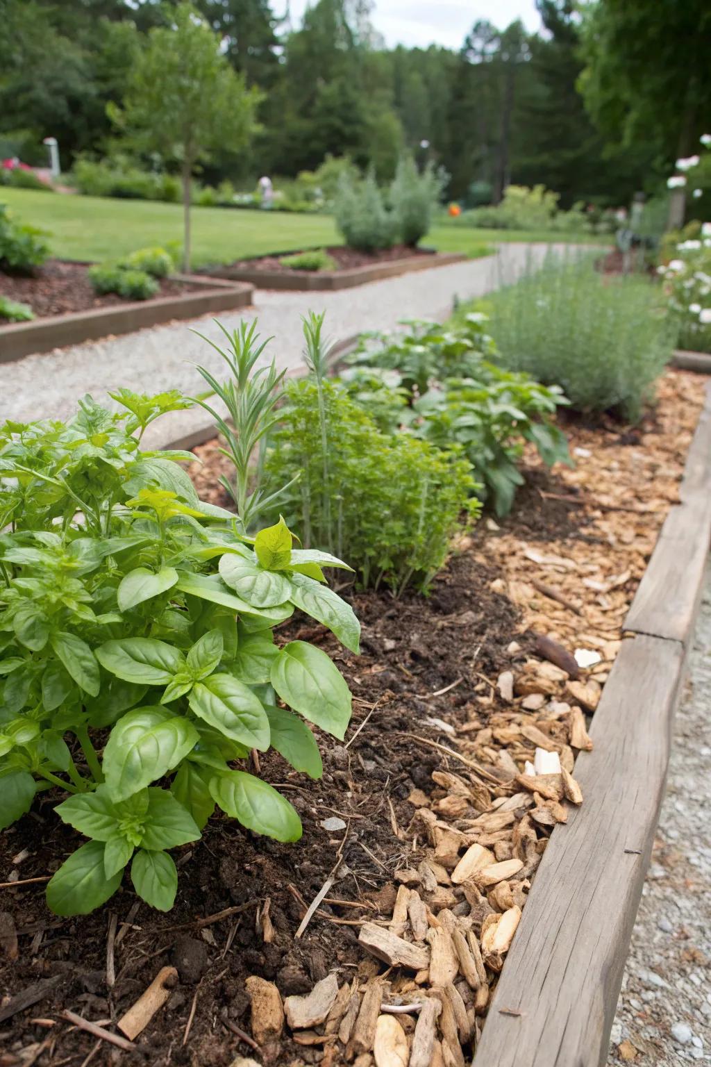 Herbs create fragrant, edible mulch borders.