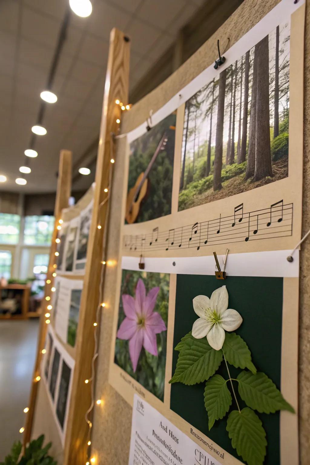 A serene bulletin board blending music with nature themes.