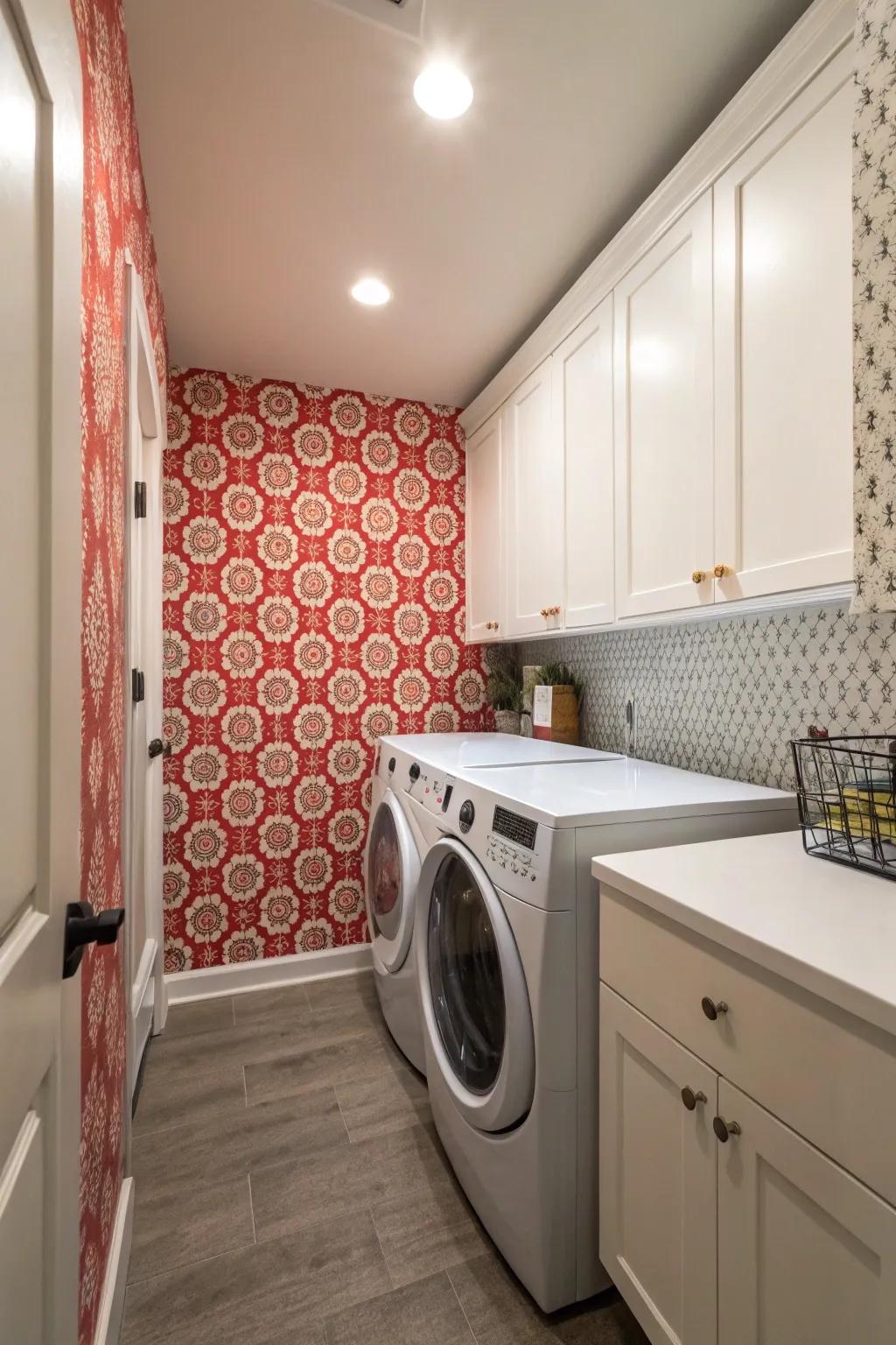 A notable wall can add depth and character to a slim laundry area.