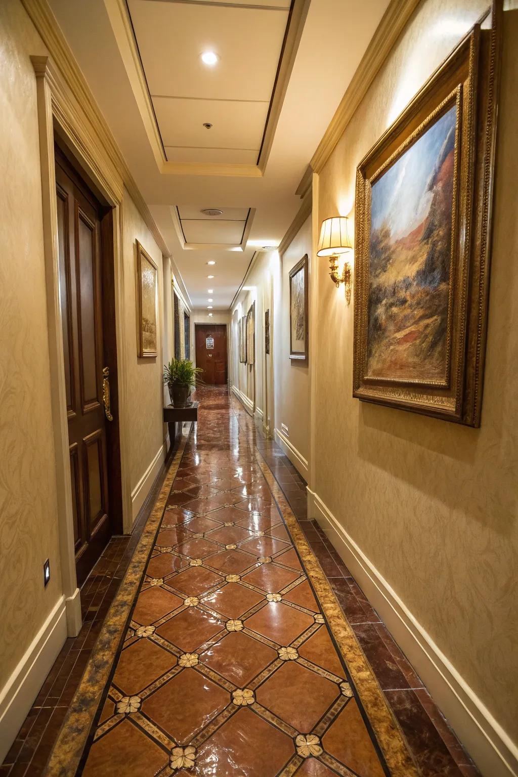Animal skin pieces provide a luxurious and resilient flooring choice for slim hallways.