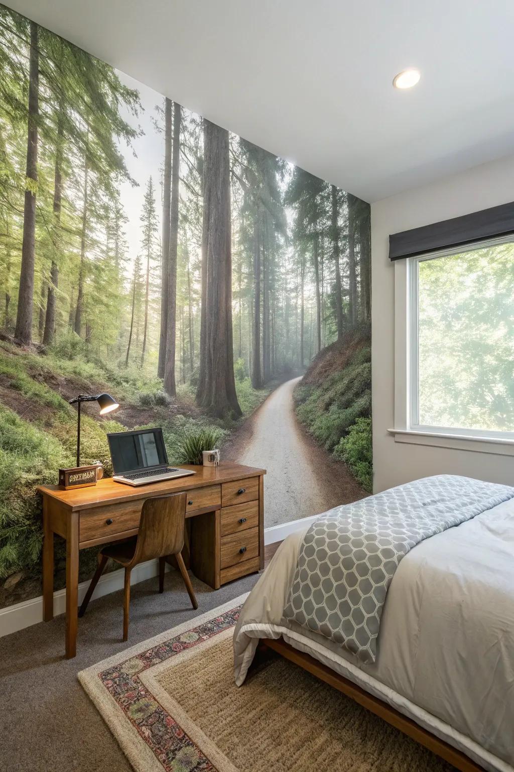 A nature mural forms an enveloping retreat within the bedroom.