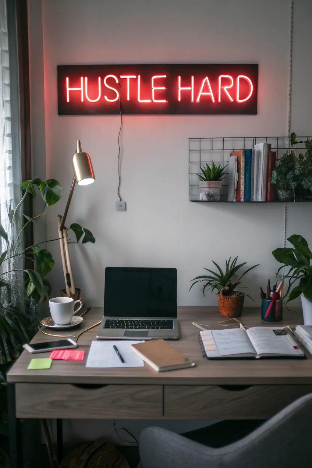 A motivational sign energizes a modern home office.