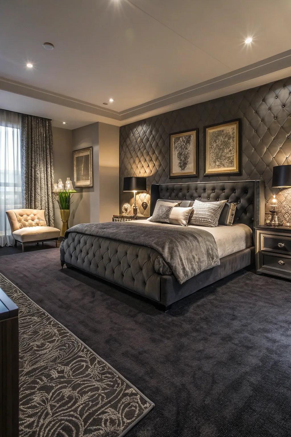 Charcoal carpets provide depth and drama with sophistication.