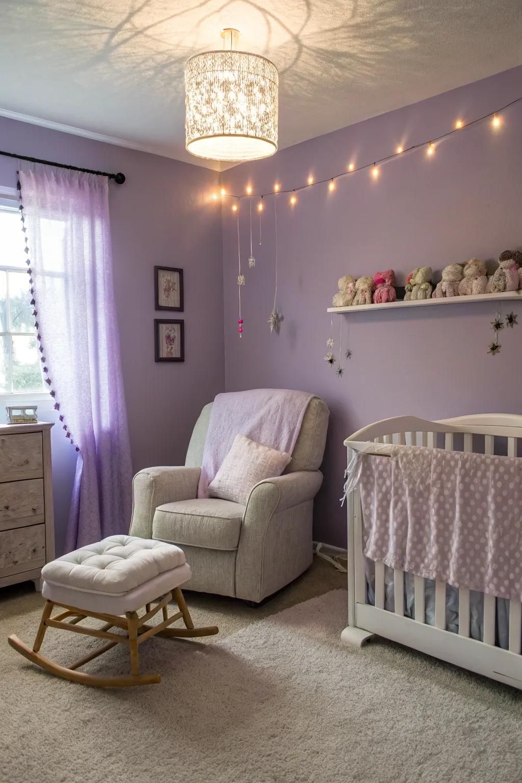 A soothing nursery featuring violet tones.