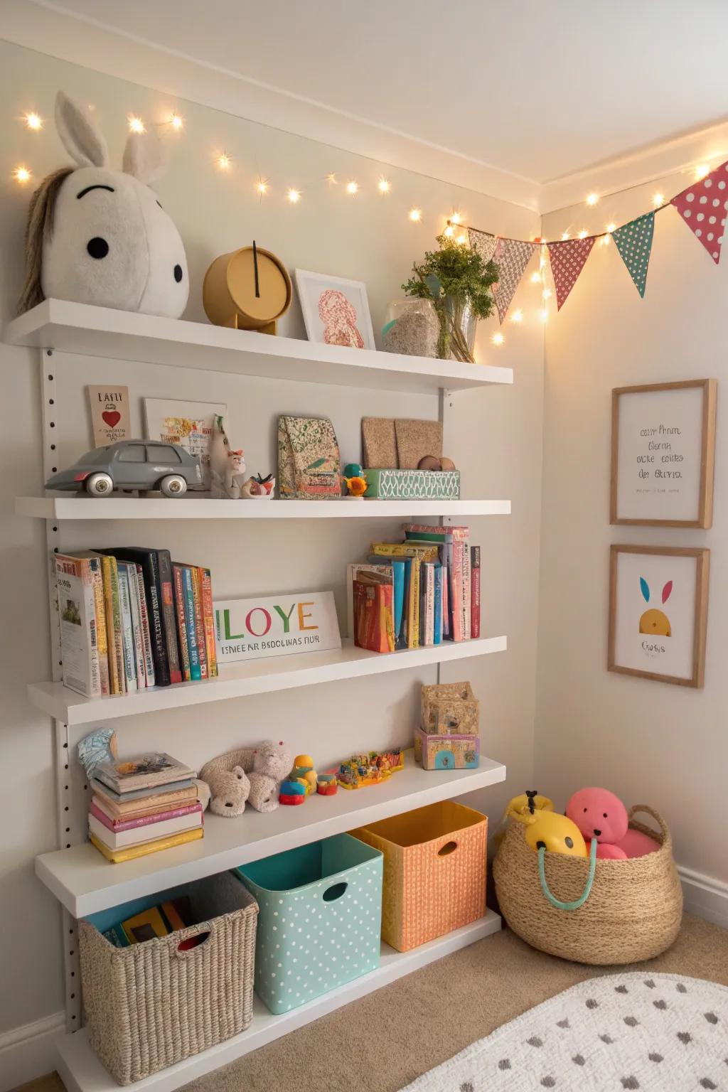 Corner shelves efficiently utilize space while adding style to the nursery.