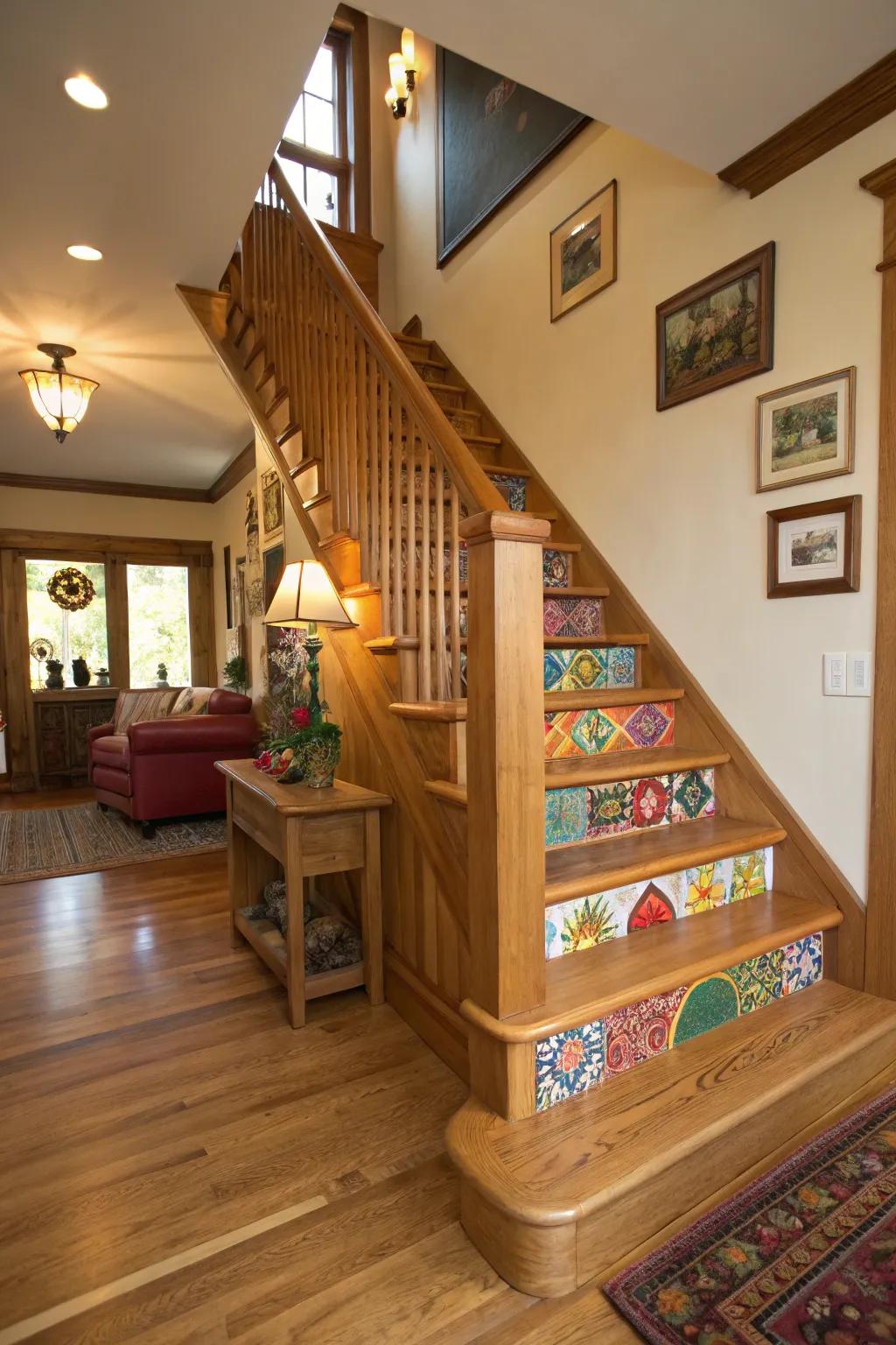 Accent shades that incorporate a vibrant touch to an oak staircase.