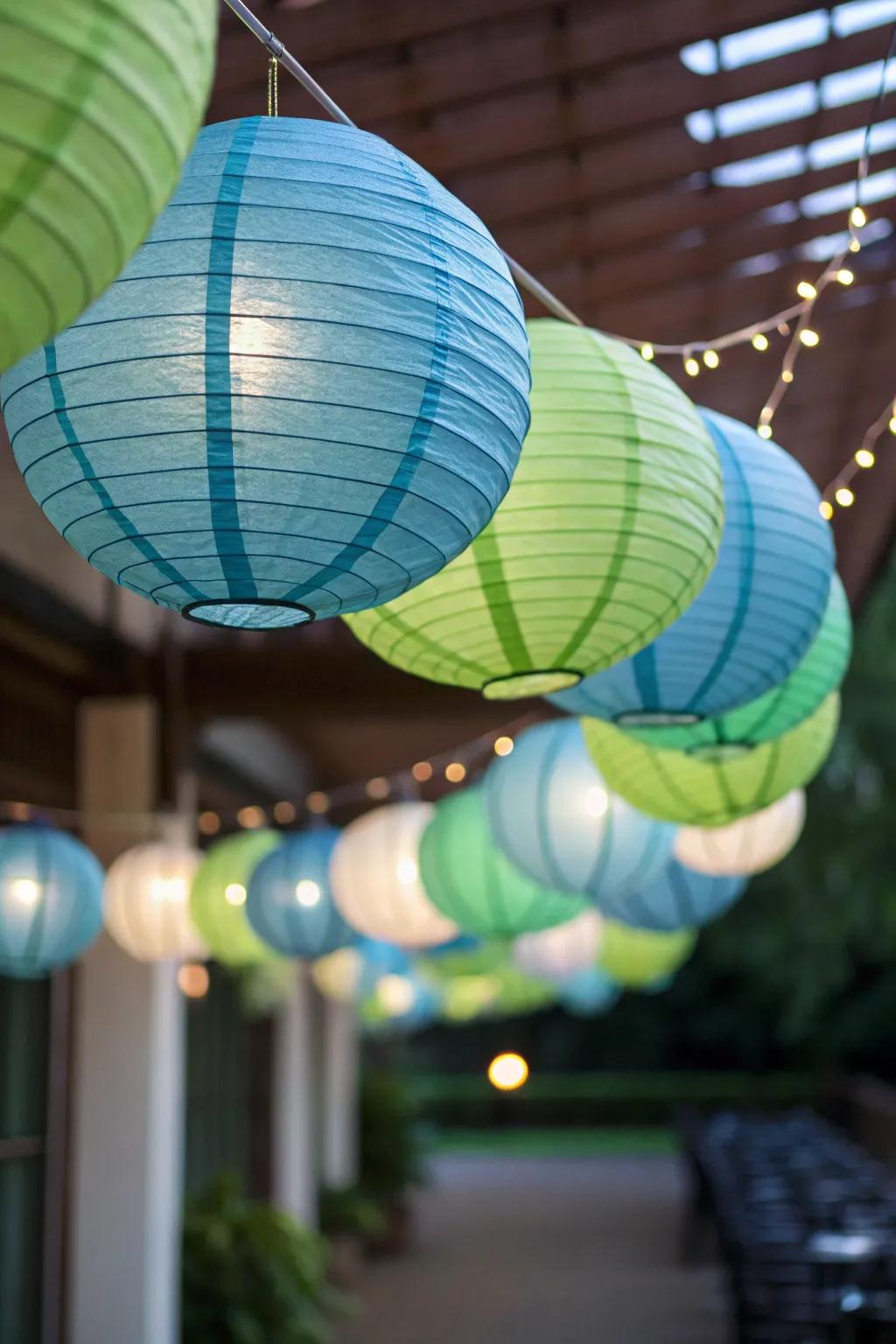 Silk spheres casting an ethereal glow, perfect for a beachside ambiance.