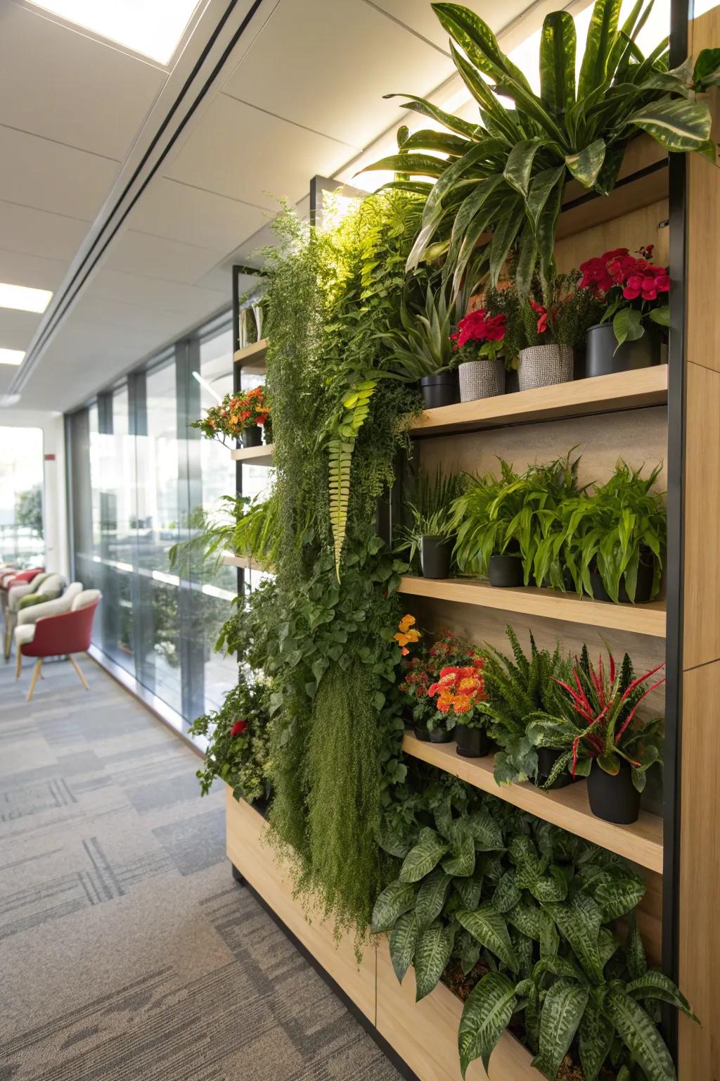 Showcase flora collections on decorative shelves.