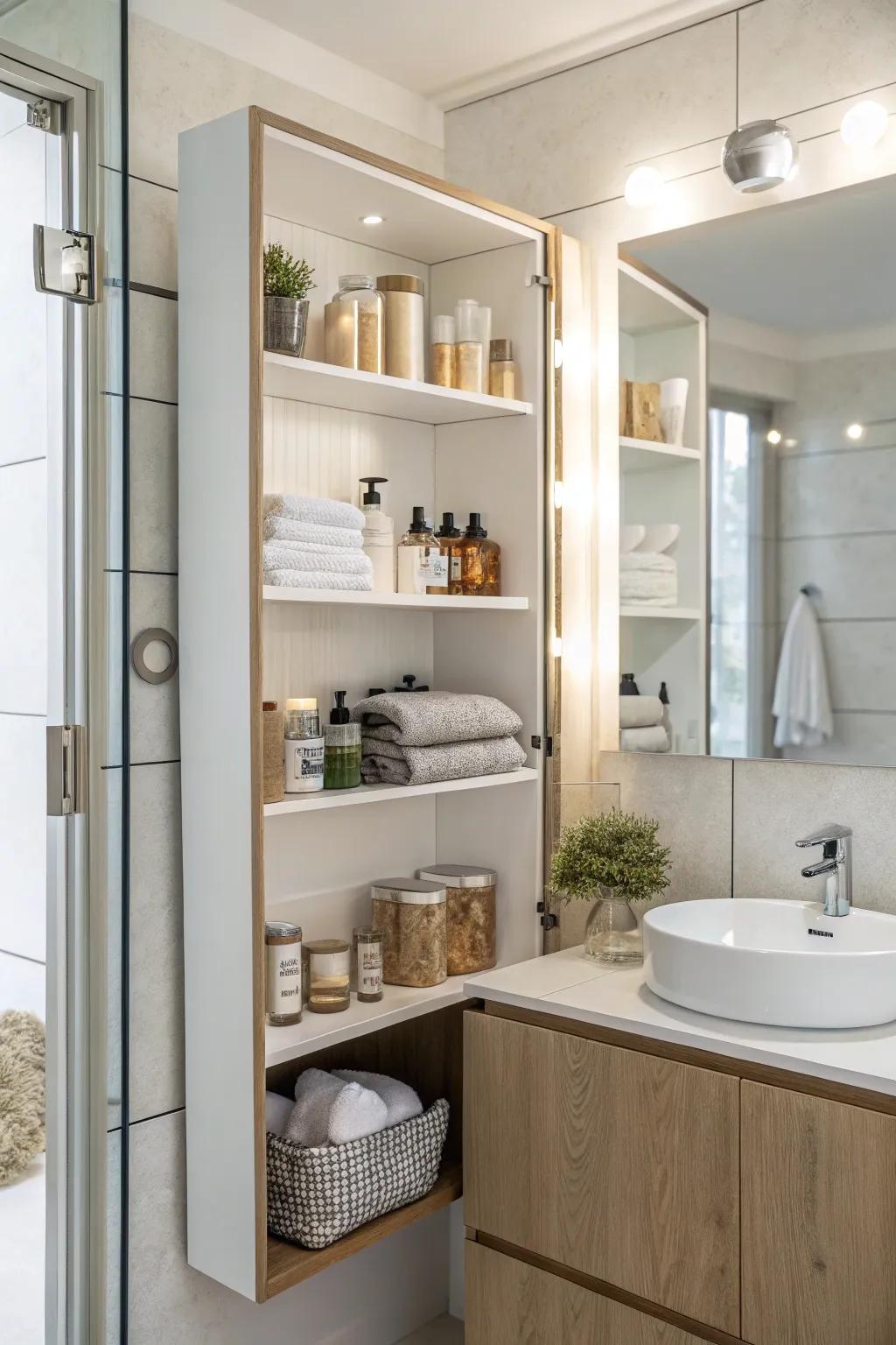 Mirrors amplify the expanse experienced across open bathroom shelves.